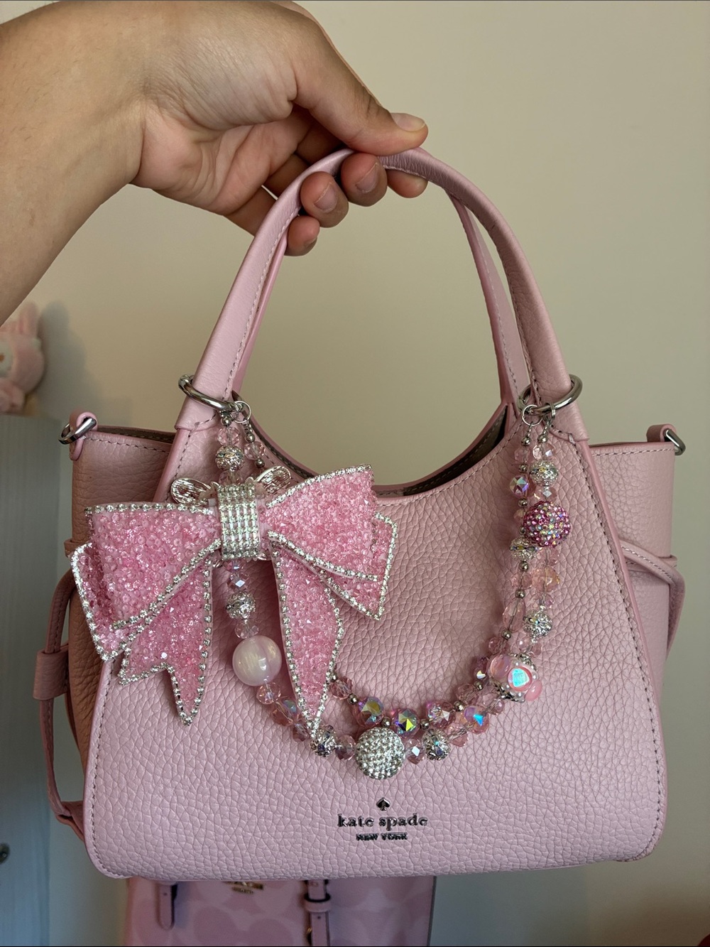 Pink Crystal Bow Charm Beaded Bag Chain
